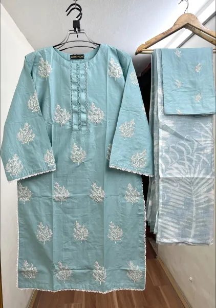Pakistani Original Hayat’s Embroidered Stitched Cotton 3Pcs _ Sky Blue 